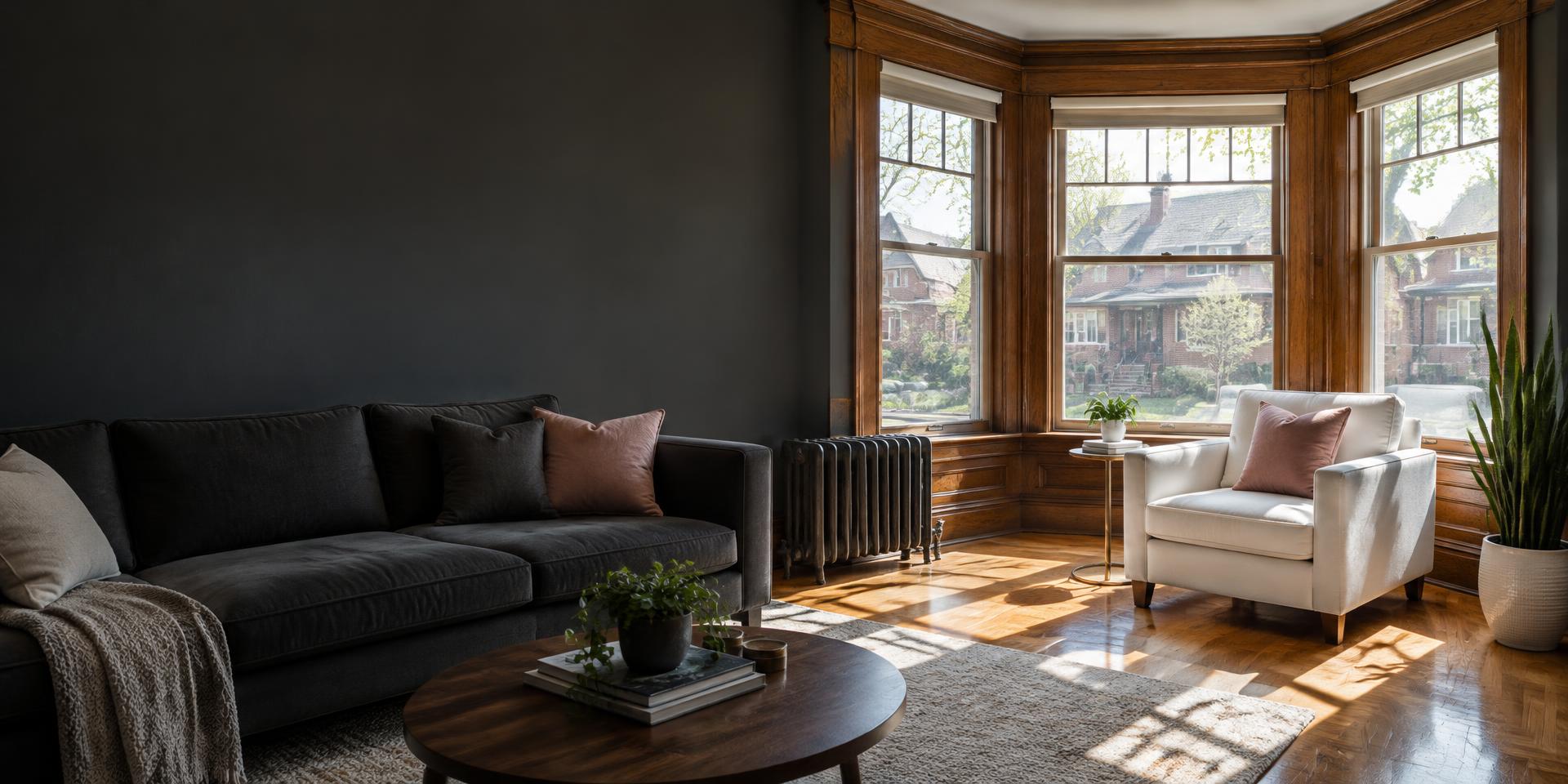 Chicago bungalow sitting room with shaded charcoal sofa and sunlit bay window