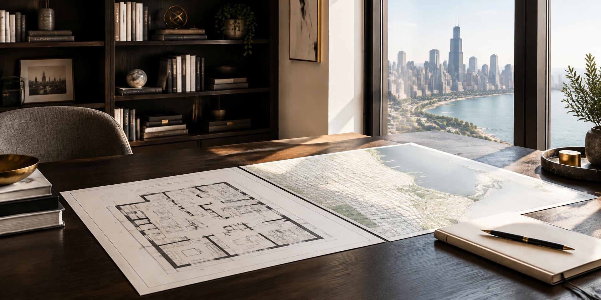 Architectural plans and neighborhood map on a Chicago office writing desk