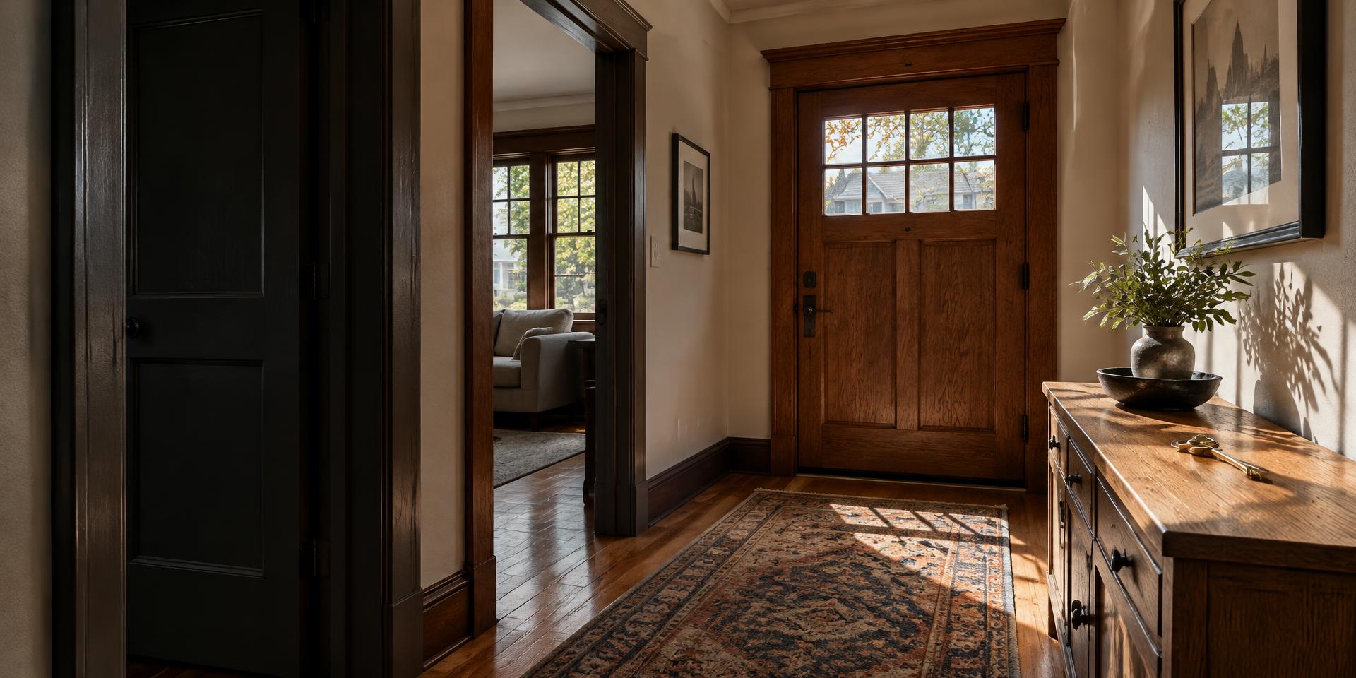 Bright Chicago home entrance with wood front door and a key on the entry console