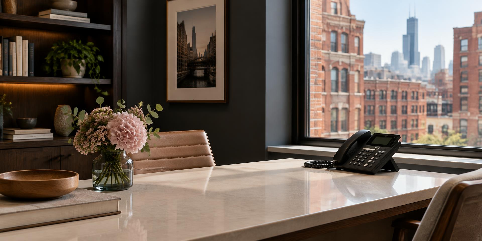 Telephone on a bright real estate office desk overlooking Chicago brick buildings