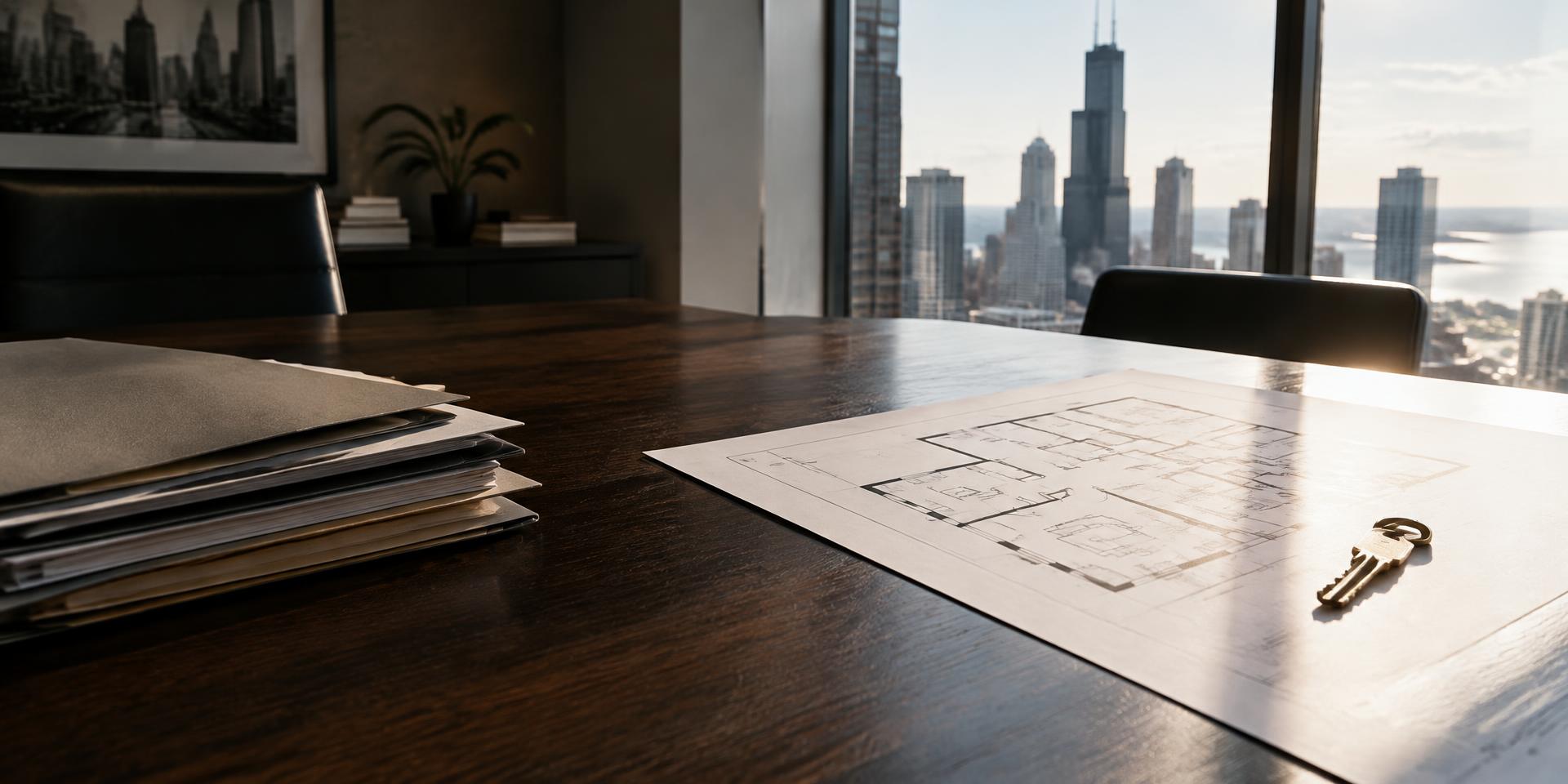 House key and floor plan on an oak desk illuminated by natural window light