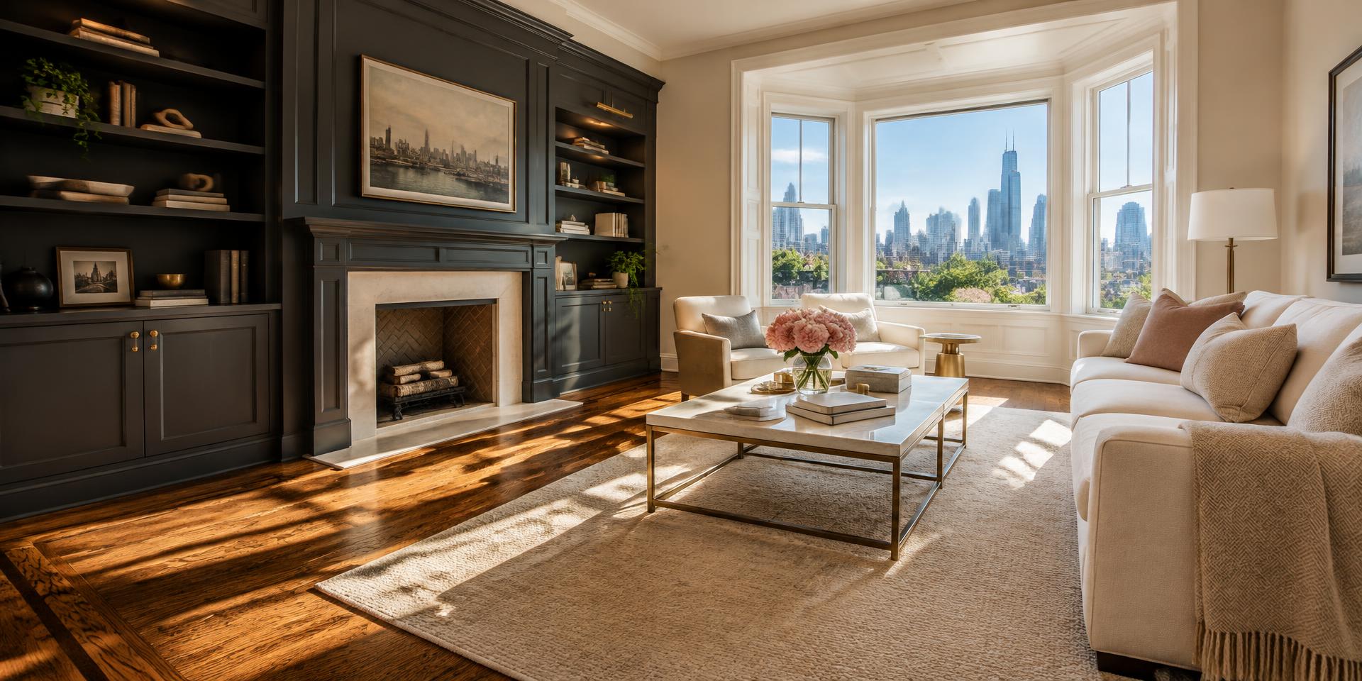 Staged Chicago living room with ivory sofa and sunlit bay windows