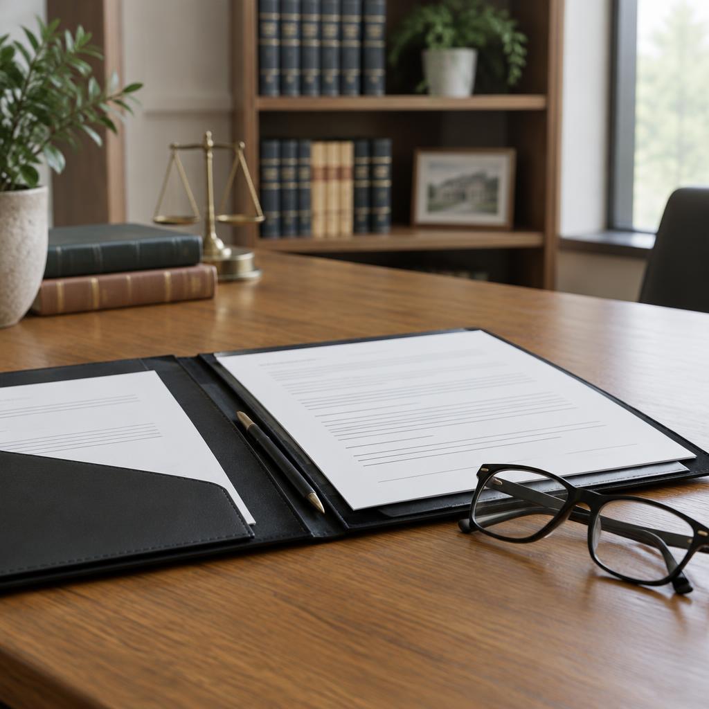Reading glasses and contract folder on an attorney review desk