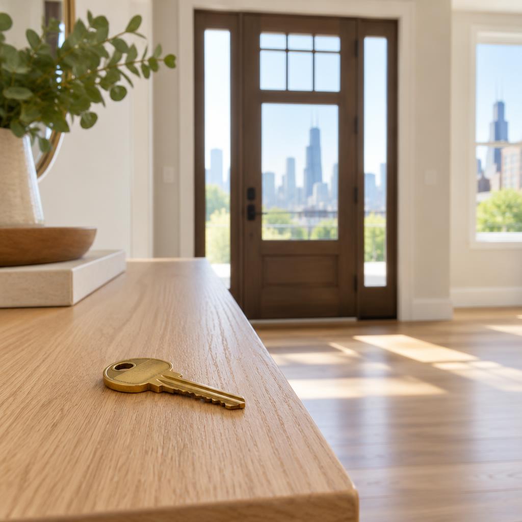 Brass house key on a bright entry console ready for a home closing