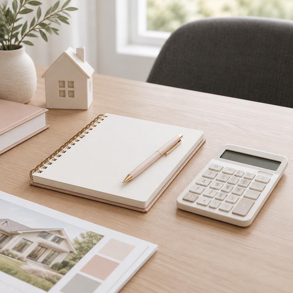 Notebook and calculator on a bright desk for a home-buying consultation