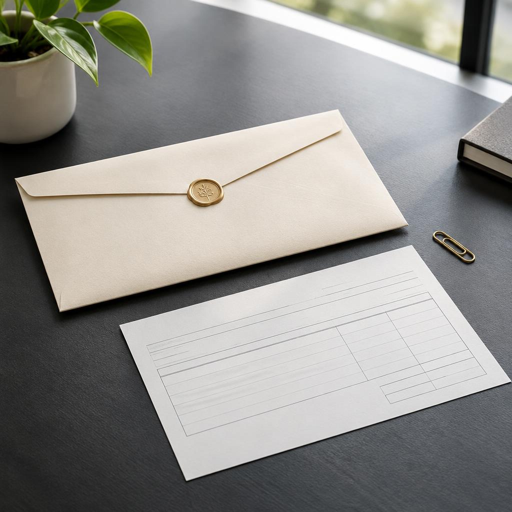 Sealed document envelope and payment receipt arranged for real estate escrow