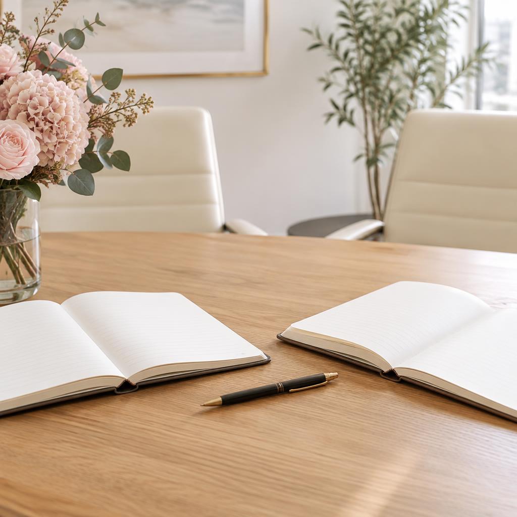 Two open notebooks across an office table prepared for bilingual property guidance