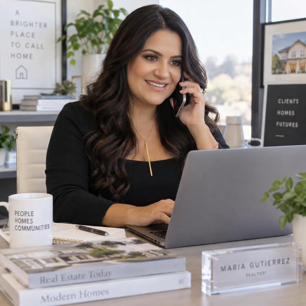 Maria Gutierrez taking a client call while reviewing a home listing on her laptop