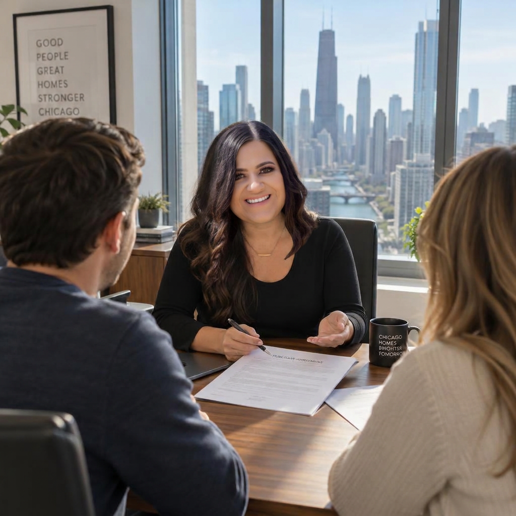 Maria Gutierrez explaining a purchase agreement to clients in her Chicago office